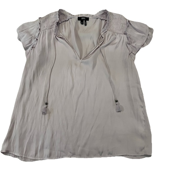 Paige Laramie Lavender Fog Satin Tie Blouse Top XS MSRP $169 Flaw - Picture 2 of 7